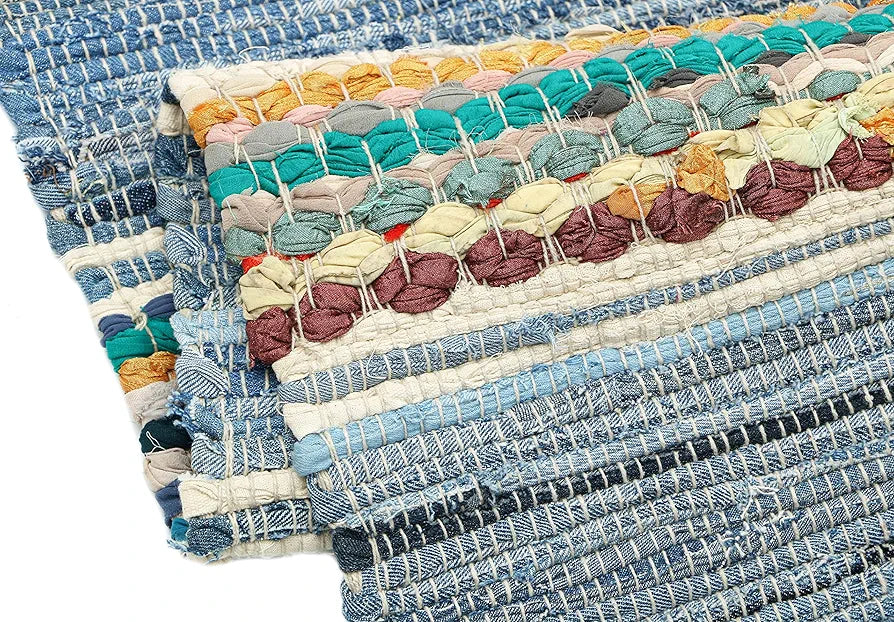 THE HOME TALK Cotton Chindi Rug | Denim Carpets for Living Room, Hallway, Bedroom, Dining Room | Recycled Thread Weave Rug | Multi-Purpose Carpets | Anti-Skid | 4 x 6 Feet | Denim Blue